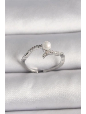 Pirinç Gümüş Renk Zirkon Taşlı Ayarlanabilir Yüzük