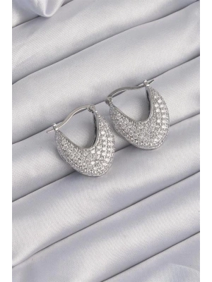 Pirinç Gümüş Renk Zirkon Taşlı Badem Model Küpe