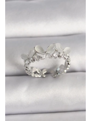 Pirinç Gümüş Renk Zirkon Taşlı Beyaz Mineli Kelebek Model Ayarlanabilir Yüzük