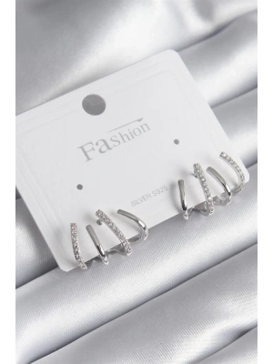 Pirinç Gümüş Renk Zirkon Taşlı Çatal Model Kadın Küpe