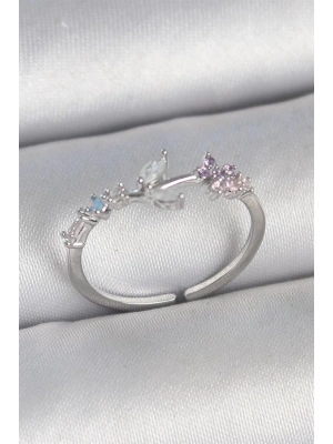 Pirinç Gümüş Renk Zirkon Taşlı Çiçek Model Ayarlanabilir Kadın Yüzük