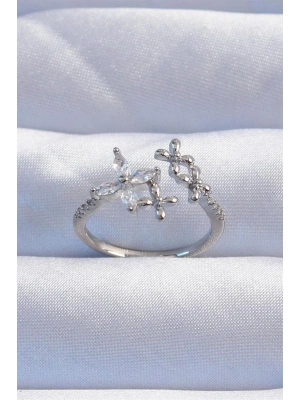 Pirinç Gümüş Renk Zirkon Taşlı Çiçek Model Ayarlanabilir Yüzük