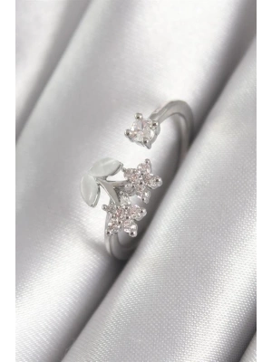 Pirinç Gümüş Renk Zirkon Taşlı Çiçek Model Kadın Yüzük