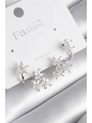 Pirinç Gümüş Renk Zirkon Taşlı Çiçek Tasarım Kadın Küpe