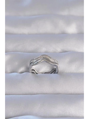 Pirinç Gümüş Renk Zirkon Taşlı Dalgalı Su Yolu Model Ayarlanabilir Yüzük