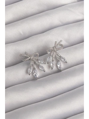 Pirinç Gümüş Renk Zirkon Taşlı Fiyonk Küpe