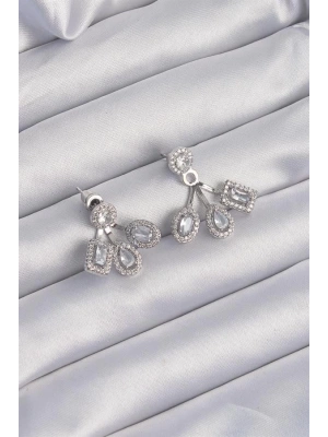 Pirinç Gümüş Renk Zirkon Taşlı Geometrik Model Küpe