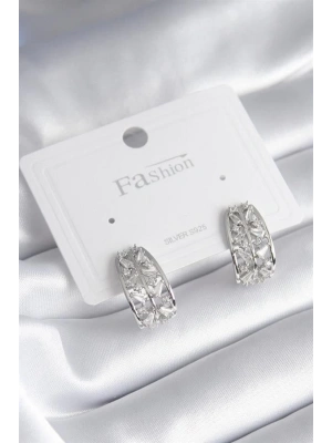 Pirinç Gümüş Renk Zirkon Taşlı Kadın Küpe