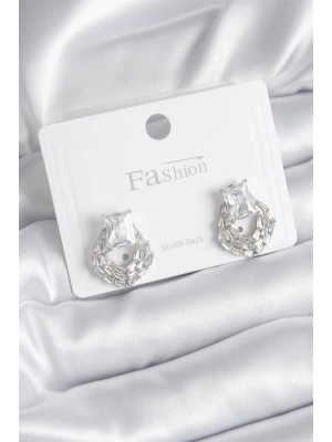 Pirinç Gümüş Renk Zirkon Taşlı Kadın Küpe