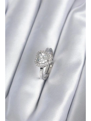 Pirinç Gümüş Renk Zirkon Taşlı Kalp Charm Model Kadın Yüzük