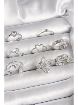 Pirinç Gümüş Renk Zirkon Taşlı Kalp Kutup Yıldız Figür Kadın Yüzük Kombini