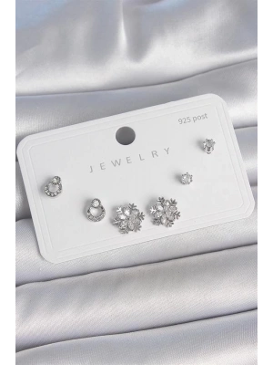 Pirinç Gümüş Renk Zirkon Taşlı Kar Tanesi Model 925 Ayar Gümüş Çivi Kadın Küpe Seti