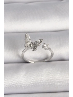 Pirinç Gümüş Renk Zirkon Taşlı Kelebek Model İnci Detay Ayarlanabilir Yüzük