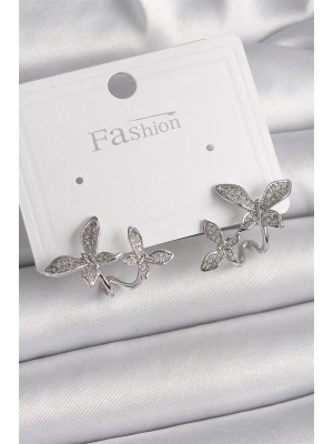 Pirinç Gümüş Renk Zirkon Taşlı Kelebek Model Kadın Küpe
