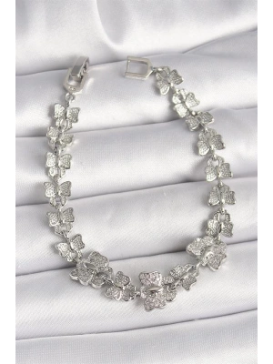 Pirinç Gümüş Renk Zirkon Taşlı Kelebek Model Zincir Kadın Bileklik