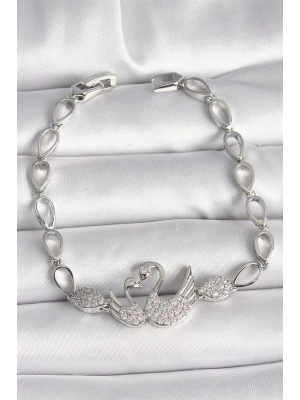 Pirinç Gümüş Renk Zirkon Taşlı Kuğu Figür Damla Zincir Model Kadın Bileklik