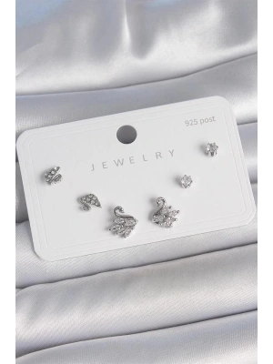 Pirinç Gümüş Renk Zirkon Taşlı Kuğu Model 925 Ayar Gümüş Çivi Kadın Küpe Seti