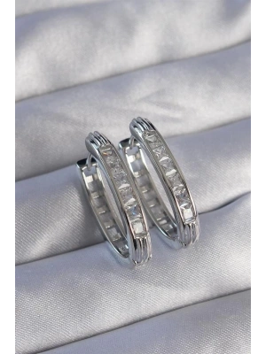 Pirinç Gümüş Renk Zirkon Taşlı Oval Model Küpe