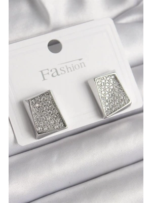 Pirinç Gümüş Renk Zirkon Taşlı Plaka Model Kadın Küpe