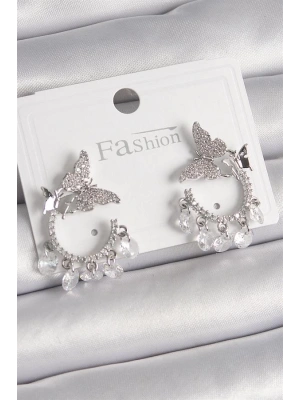 Pirinç Gümüş Renk Zirkon Taşlı Sallantı Detay Kelebek Model Kadın Küpe