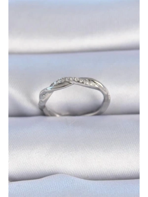 Pirinç Gümüş Renk Zirkon Taşlı Sarmal Model Kadın Yüzük