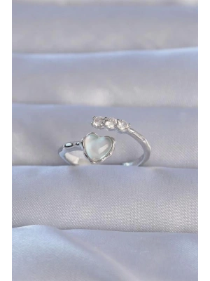 Pirinç Gümüş Renk Zirkon Taşlı Sedefli Kalp Model Ayarlanabilir Yüzük