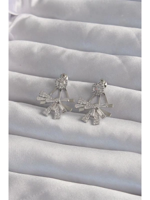 Pirinç Gümüş Renk Zirkon Taşlı Yassı Fiyonk Model Küpe