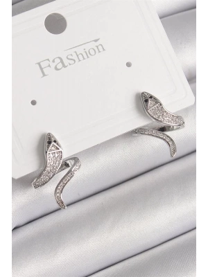 Pirinç Gümüş Renk Zirkon Taşlı Yılan Model Kadın Küpe