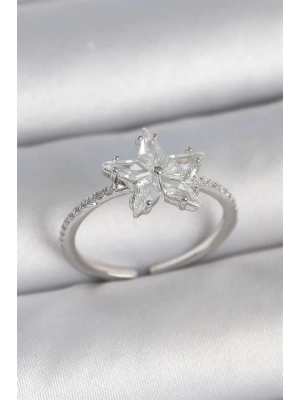 Pirinç Gümüş Renk Zirkon Taşlı Yıldız Model Ayarlanabilir Kadın Yüzük