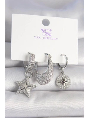 Pirinç Gümüş Renk Zirkon Taşlı Yıldız Model Kutup Yıldız İşleme Detay 3Lü Kadın Kombin Küpe