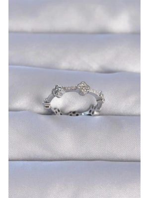 Pirinç Gümüş Renk Zirkon Taşlı Yonca Model Ayarlanabilir Yüzük