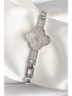 Pirinç Gümüş Renk Zirkon Taşlı Yonca Model Kadın Bileklik