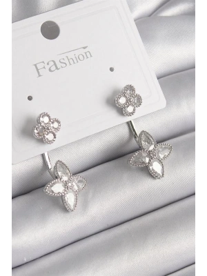 Pirinç Gümüş Renk Zirkon Taşlı Yonca Model Kadın Küpe