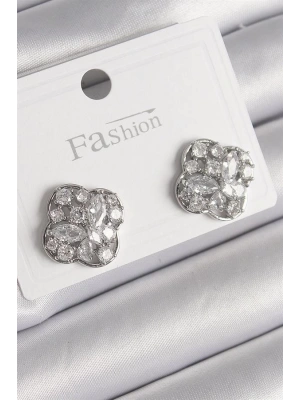 Pirinç Gümüş Renk Zirkon Taşlı Yonca Model Kadın Küpe