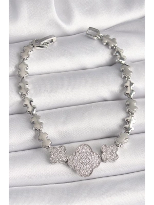 Pirinç Gümüş Renk Zirkon Taşlı Yonca Model Zincir Model Kadın Bileklik