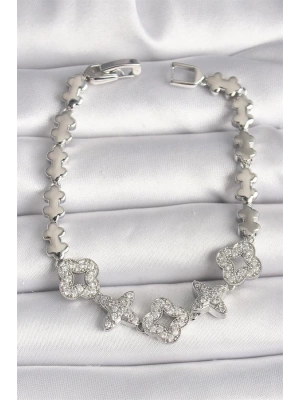 Pirinç Gümüş Renk Zirkon Taşlı Yonca Yıldız Model Kadın Bileklik