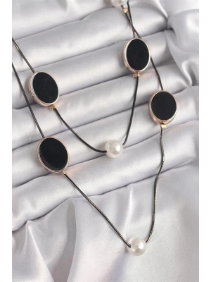 Pirinç Siyah Renk Zincir İnci Detaylı Çoklu Kadın Kolye