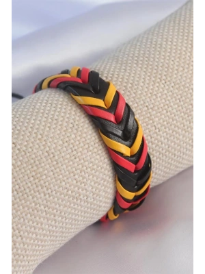 Sarı Kırmızı Siyah Renk Deri İpli Erkek Bileklik