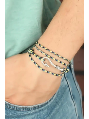 Sarı Mavi Çizgi Desenli Gümüş Renk Metal Kancalı Erkek Bileklik