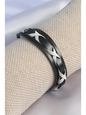 Siyah Beyaz Deri İpli Erkek Bileklik