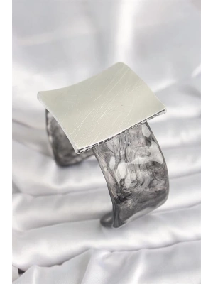 Siyah Mermer Desen Akrilik Plastik Gümüş Kare Plaka Model Vintage Kadın Bilezik