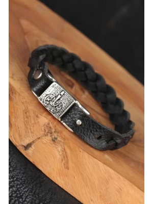 Siyah Örgü Model Deri Erkek Bileklik