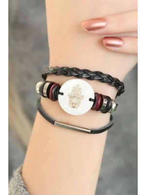 Siyah Renk Fatma Ana Eli Tasarım Çoklu Deri Bayan Bileklik