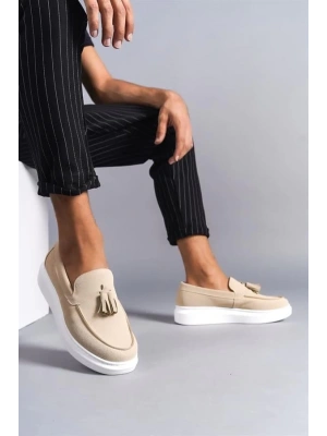 SLW154 Blaze Bağcıksız Püsküllü Süet Erkek Günlük Spor Klasik Ayakkabı BT - Krem