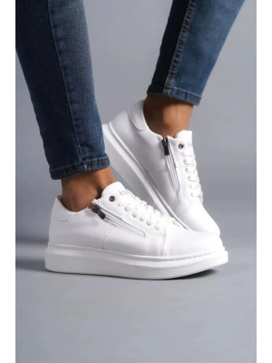 SLW155 Warrior Bağcıklı ve Fermuarlı Cilt Erkek Günlük Sneaker Ayakkabı BT - Beyaz