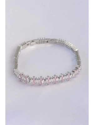 Vip Seri Pirinç Pembe Zirkon Taşlı Gümüş Renk Baget Model Bileklik