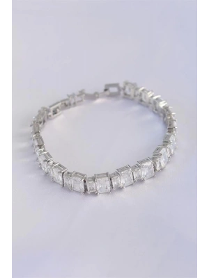 Vip Seri Pirinç Zirkon Taşlı Gümüş Renk Baget Su Yolu Model Bileklik