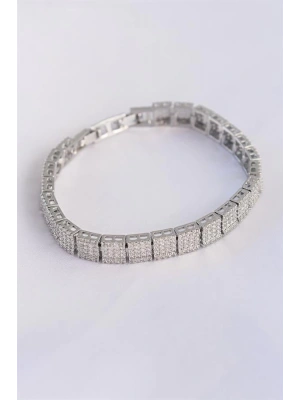 Vip Seri Pirinç Zirkon Taşlı Gümüş Renk Kare Su Yolu Model Bileklik