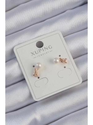 Xuping Rose Renk Zirkon Taşlı İncili Minimal Fiyonk Küpe