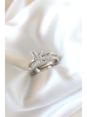 Zirkon Taşlı Gümüş Kaplama Kelebekli Kadın Yüzük